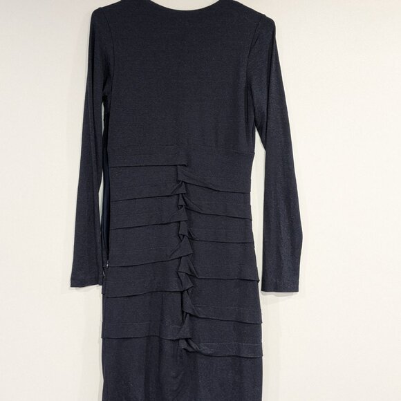 Nicole Miller Deep V-Neck Tidal Pleated Dress Navy Blue Size Medium - Picture 2 of 3